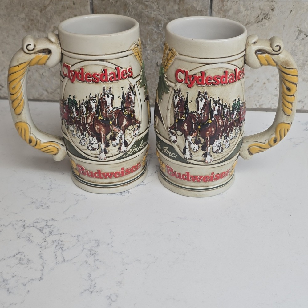 Budweiser Clydesdales Ceramic Beer Stein Mug Pair Lot of 2 Breweriana